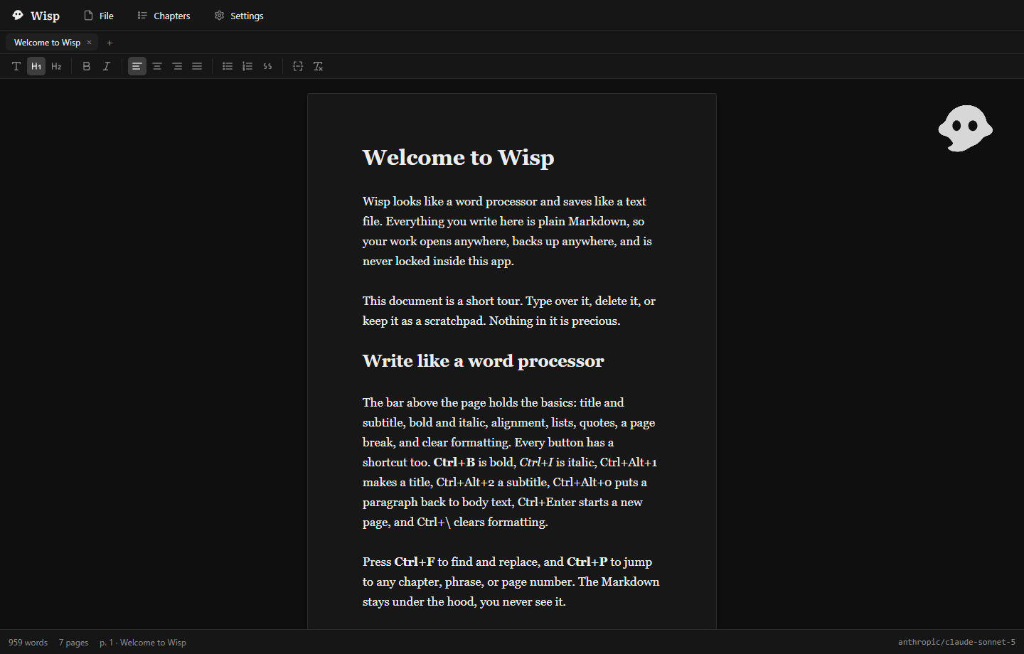 Wisp's paged editor in its dark theme, with a comment sitting in the margin