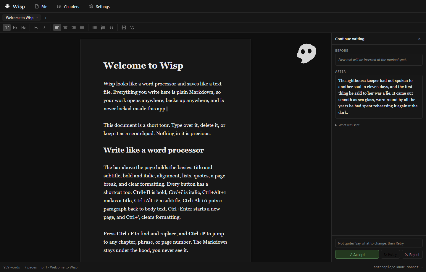 Wisp's review panel showing a suggestion with accept, retry, and reject, plus a note field for retrying